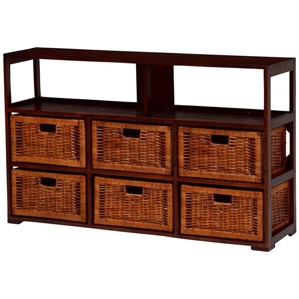 ランドリーラック 約幅108×奥行27.5×高さ70cm マホガニー 籐 ラタン 引出内布付き ランドリー収納 脱衣所 洗面所