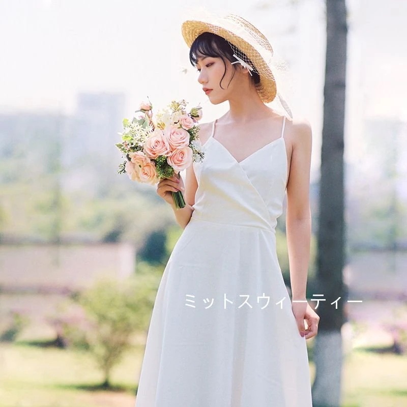 二次会 ウェデイングドレス ウエディングドレス バックレス 花嫁 ワンピース 結婚式 サテンスカート ロングドレス Aライン 挙式 シンプル フォトウェディング