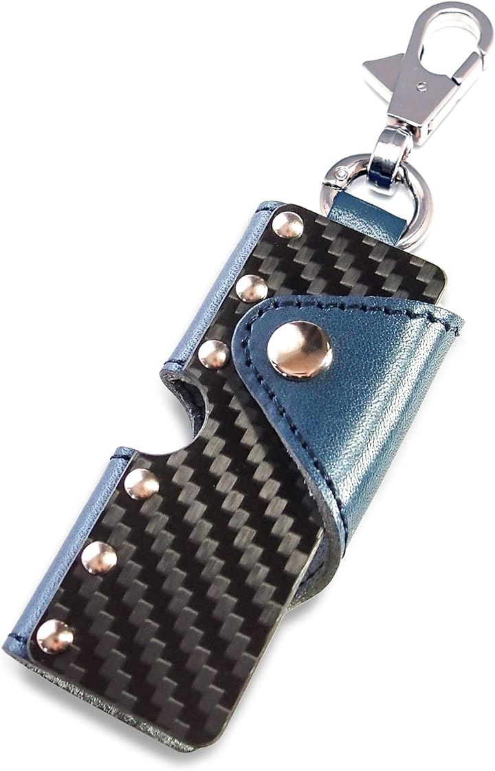 キーケース メンズ コンパクト 栃木レザー カーボン カラビナ付き 本革 車 バイク( ネイビー, Free Size)