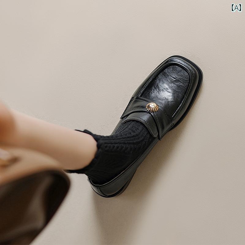 ローファー レディース オフィス 通勤 仕事 春秋 スクエアトゥ 小さい 革靴 女性 英国 ミディアム ヒール 厚手 ヒール 深口 シングル シューズ 女性