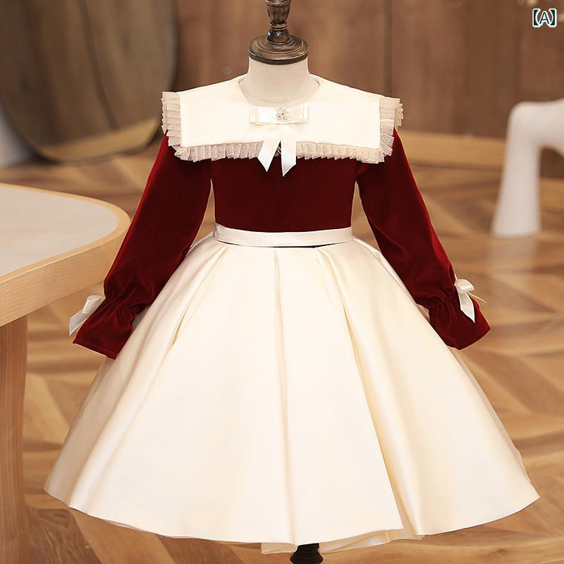 キッズ パーティードレス ジュニア ファッション 女の子 赤ちゃん 長袖 ドレス レッド フラワーガール 誕生日 プリンセス 発表会 パフォーマンス