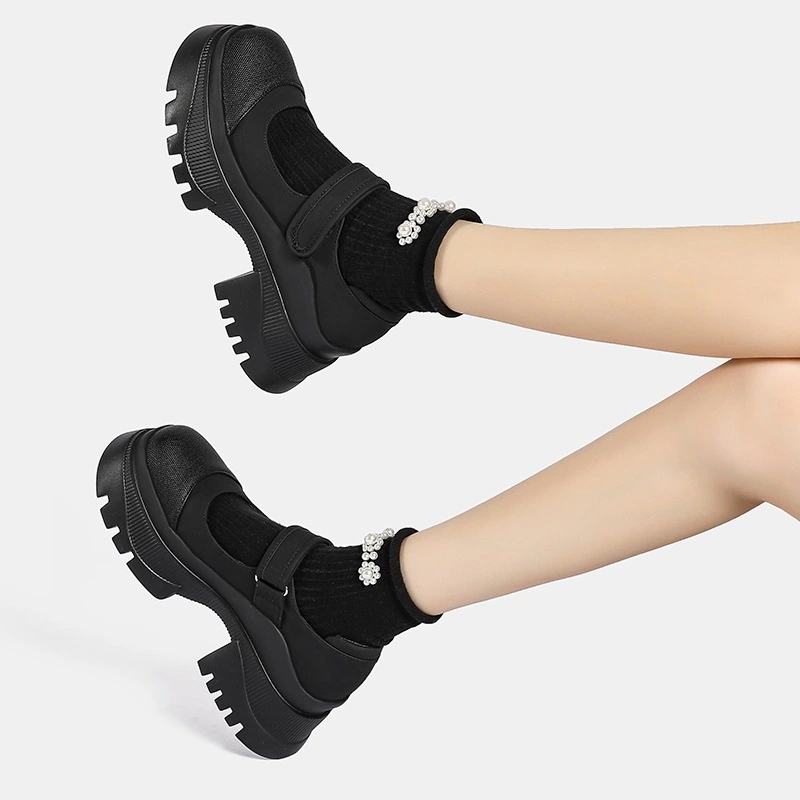 厚底シューズメアリー珍靴2024年春夏女学院風秋マジック貼り黒レトロ靴