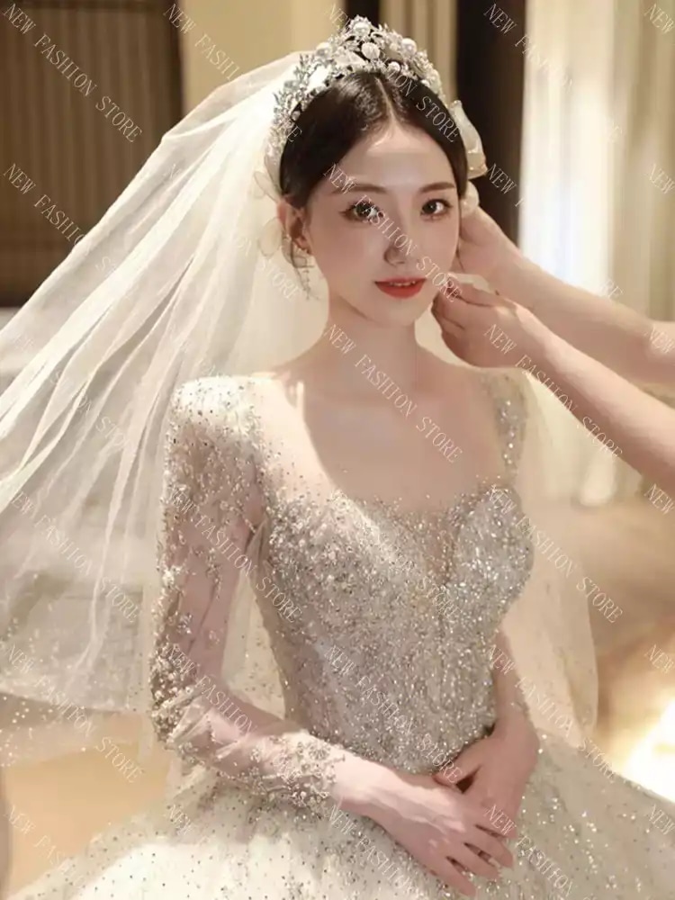 フランス式ウェディングドレス新型長袖ウェディングドレスワンピース-58