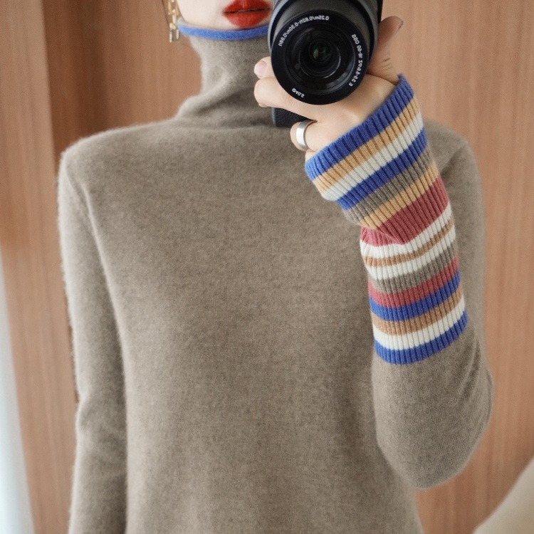 トップス ニットソー セーター プルオーバー ミディアム丈 長袖 ハイネック 襟なし 切り替えデザイン リブ 伸縮性 ニット 厚手 キャメル ブラック グレー キャメル ブラック グレー 個性的