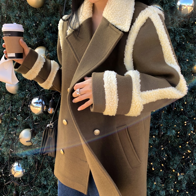 ボアステッチ ウールコート ウールジャケット コート ジャケット アウター レディース カジュアル ストリート アメカジ 秋冬 ルーズ. a3738