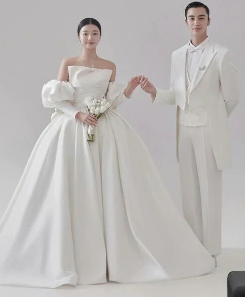 ウェディングドレス きれいめ 前撮りドレス 後撮り フォトウェディング撮影 高級感 ワンピース 花嫁ドレス 可愛い パーティードレス パフスリーブ ロング カラードレス コンサート オフショルダー 二