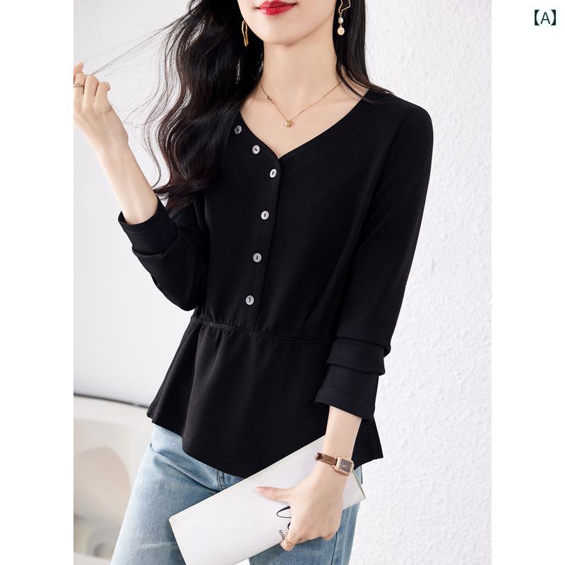 トップス レディース おしゃれ カジュアル 個性 秋 Vネック 不規則 Tシャツ ファッション ショート スリム 黒