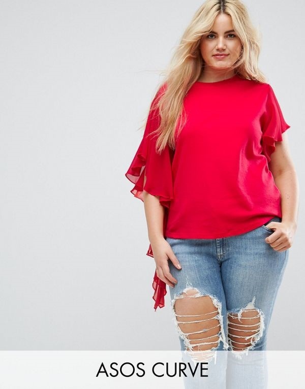 ASOS エイソス レディース 大きめサイズ ゆったりサイズ 送料無料 Red CURVE T-Shirt with Dramatic Assymetric Woven Ruffle
