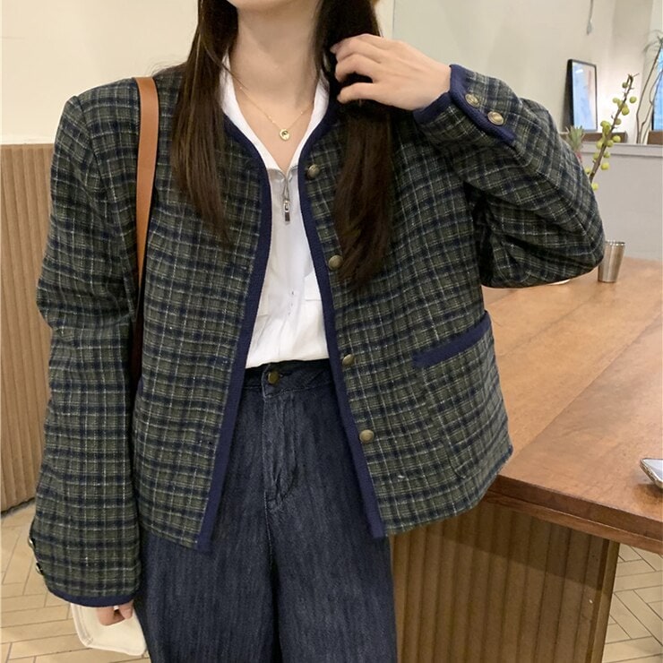 アウター レディース ジャケット テーラードジャケット チェック柄ジャケット チェック シングルボタン 襟なし 大人可愛い きれいめ 上品 エレガント フォーマル ガーリー ルーズ マニッシュ 甘辛