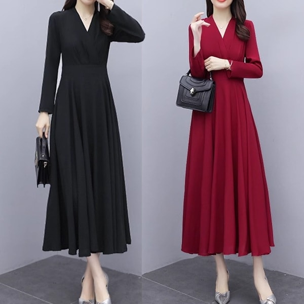 ２色展開 スリムフィット長袖ドレス レディース ワンピース ドレス フレアスカート ロングスカート 膝丈 ミモレ 長袖 Vネック ノーカラー フレア スリム 細身 Aライン フリル フォーマル