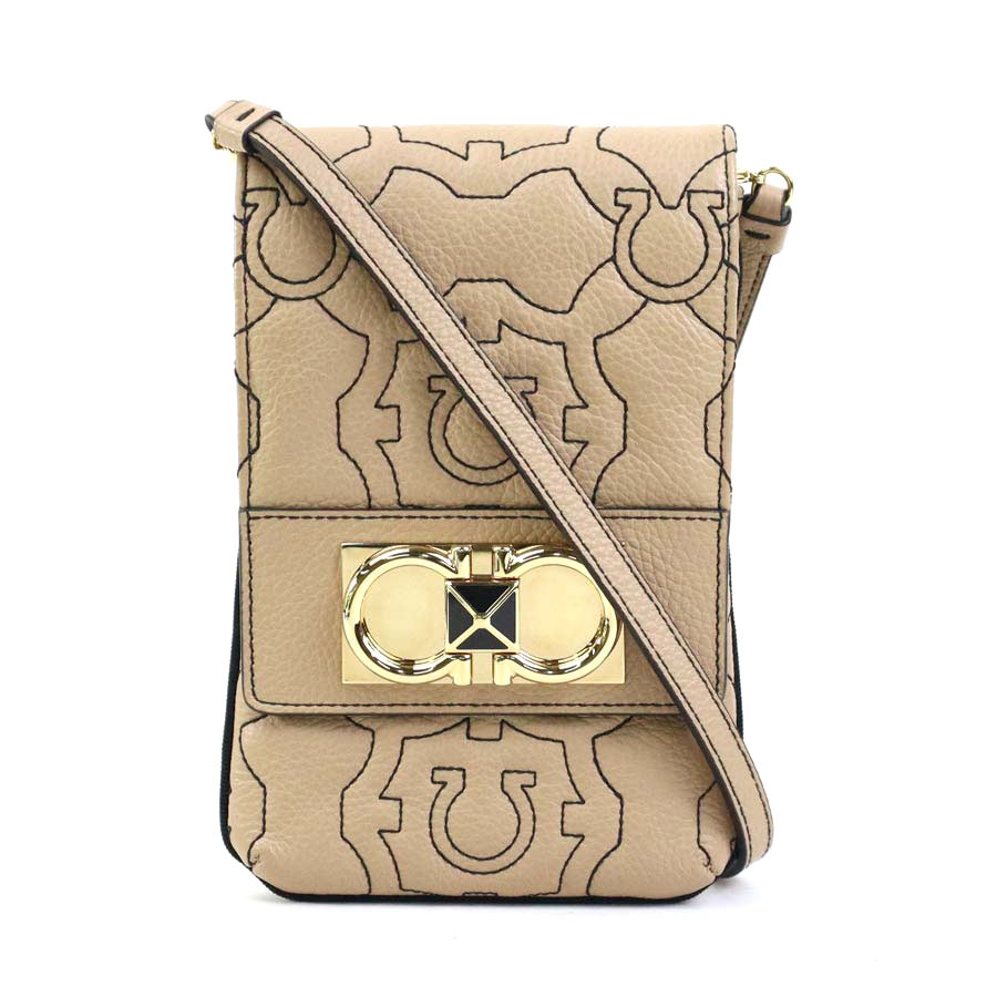 サルヴァトーレフェラガモ Salvatore Ferragamo 斜め掛けショルダーバッグ フォンホルダー フォンポーチ ガンチーニ レザー ベージュ/ブラック ゴールド レディース e60216a