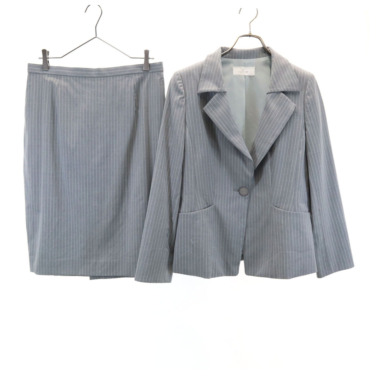 GINZA maggy 銀座マギー ストライプ柄 ロロピアーナ スカートスーツ 上下セットアップ 42 グレー x Loro Piana レディース 古着