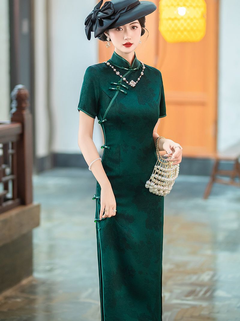 レトロ古い上海チャイナドレスロング半袖夏エレガントスリム気質ママ着用デイリーパーティーグリーン