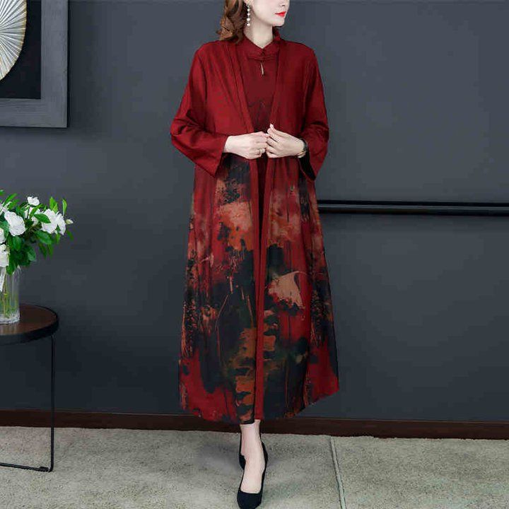 大ヒット レッド お出かけ スタンドカラー ロングカーディガン チャイナ風 フォーマル Aラインスカート パーティ ツーピース ミディアム丈ワンピース グリーン