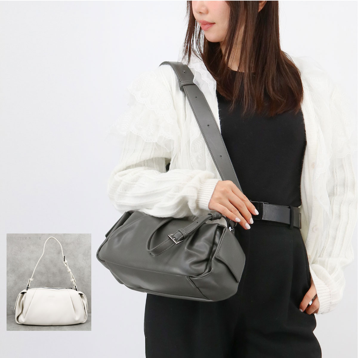 Elbie Soft Structure Shadow Grey Butter White ショルダーバッグ ハンドバッグ 2way レディース クロスボディ ポシェット