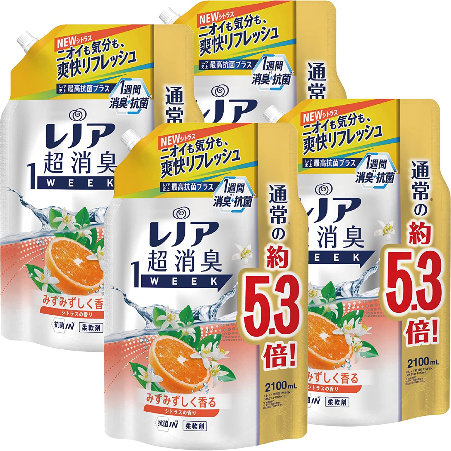 完璧 [ケース品] [大容量] レノア 超消臭1week 柔軟剤 シトラス 詰め替え 2,100mL x 4 袋 柔軟剤 -  flaviogimenis.com.br