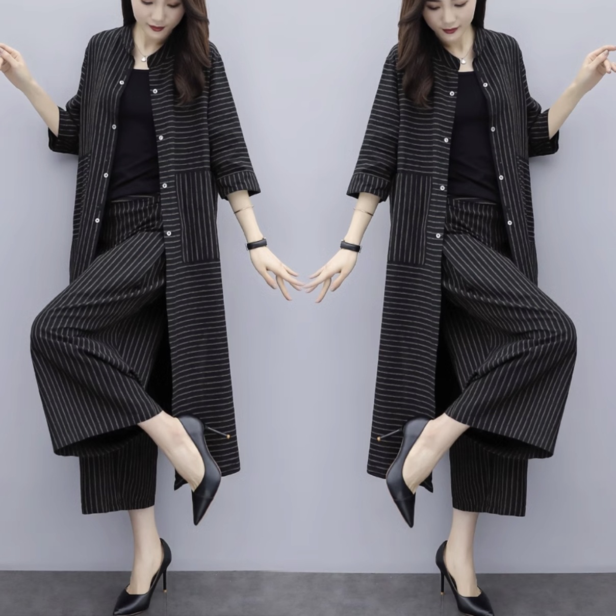 セットアップ シャツ ロングシャツ ワイドパンツ ロング 9分丈 袖あり 5分袖 五分袖 襟付き 上下セット 2点セット Iライン きれいめ シンプル カジュアル 大人 上品 おしゃれ かっこいい