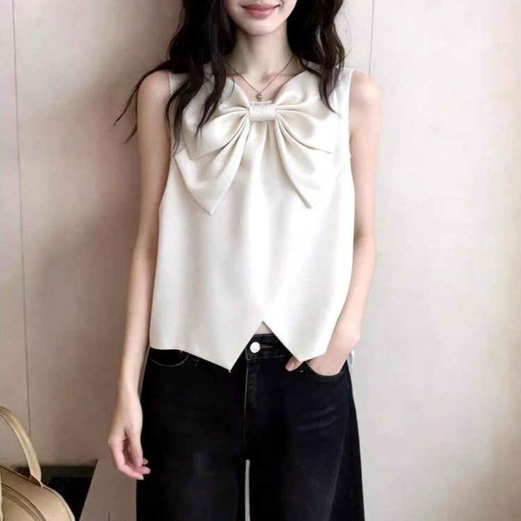 3日出荷 半袖 Tシャツ 通勤 リボン ノースリーブ ベスト 春夏 着痩せ トップス 若見え レディース