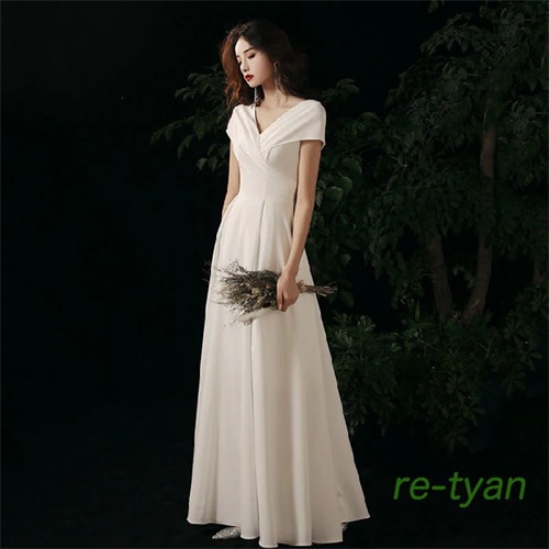 ウェディングドレス 結婚式二次会花嫁ドレス 白ワンピース大きいサイズ披露宴ロングドレス 袖あり vネ