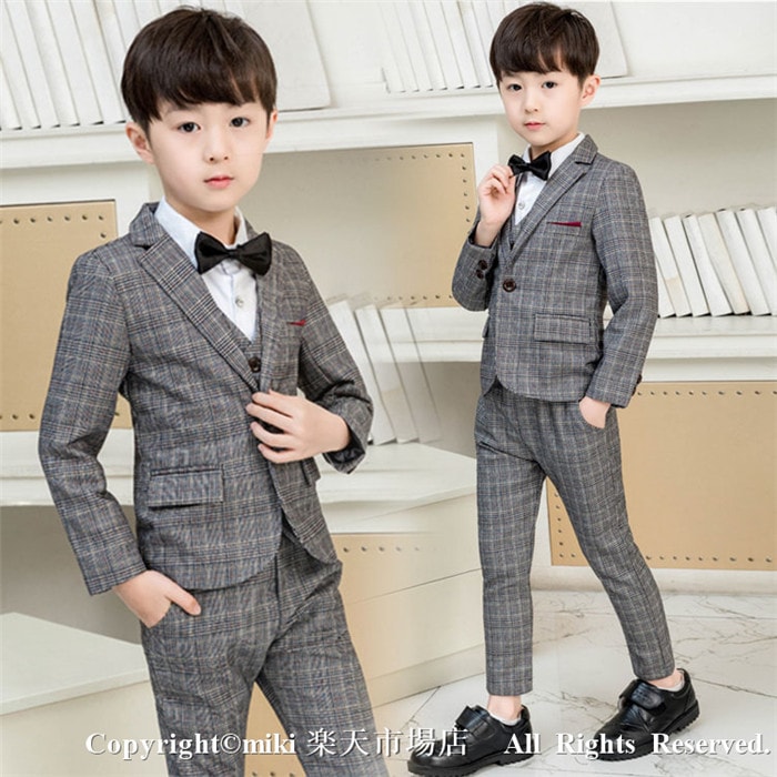 【ワイシャツ 蝶ネクタイおまけ！ 5点セット フォーマルスーツ 男の子 キッズ 子供 ベスト タキシード チェック柄 ジュニア 入学式 入園式 卒業式 七五三 結婚式 発表会 誕生日 お食い初め お宮