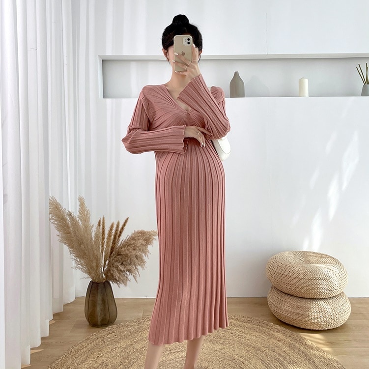 【送料無料】マタニティ ニット ワンピース Vネック プリーツ 長袖 美シルエット レディース