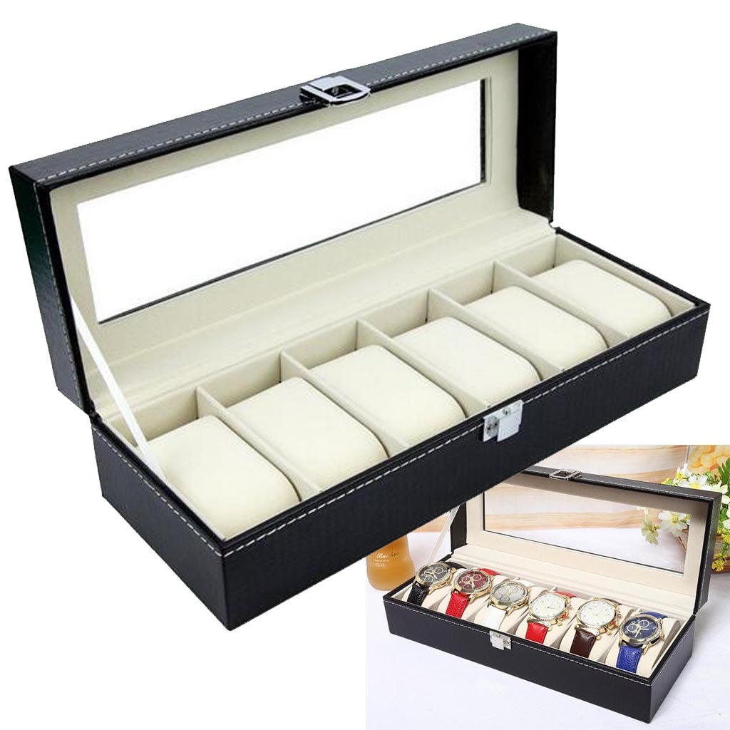 時計ディスプレイケース（6本用 ブラック） 高級 レザー ベルベット 革 皮 ディスプレイボックス ガラス コレクションボックス 男性 メンズ 父の日 プレゼント ギフト j-box81xxxxxx