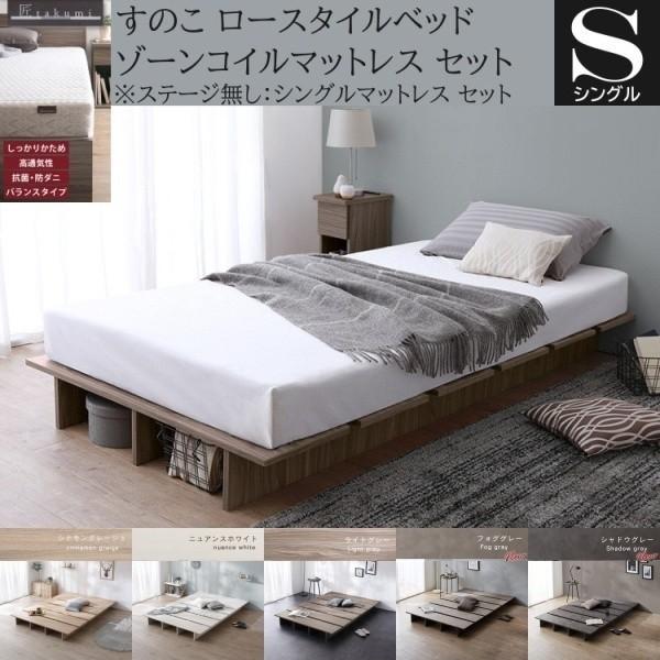 シングル ローベッド ゾーンコイルマットレスセット すのこベッド 高反発マット ヘッドレス フラット 丸角加工 ベッド下収納 ステージ無し