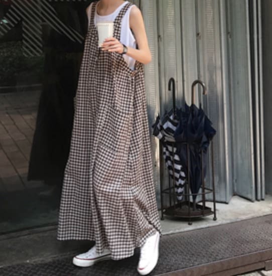 サロペットパンツ レディース ワイドパンツ マキシ丈 チェック柄 楽ちん ゆったり 体型カバー マタニティ 休日 公園 旅行 春 夏 秋 ポケット付き ブラウン ブラック レトロ コーデ 普段使い 5,526円