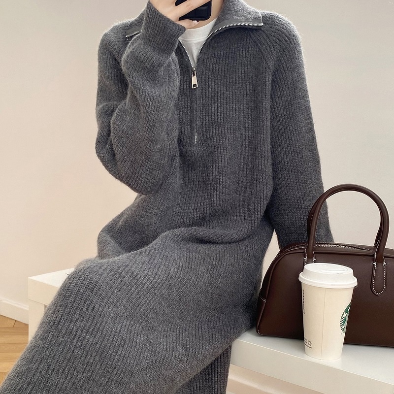 レディース ワンピース ニット 長袖 ハイネック ロング ワイド ストレート Iライン スマート ファスナー かわいい 大人可愛い きれいめ シンプル カジュアル 上品 おしゃれ かっこいい こなれ感