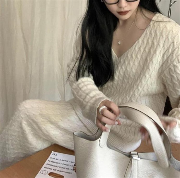 INSスタイル セーター 秋冬 2020新作 Vネック 麻 トップス sweet系 スリム ハイウエスト ニット ロングスカート 2点セット 肌にやさしい