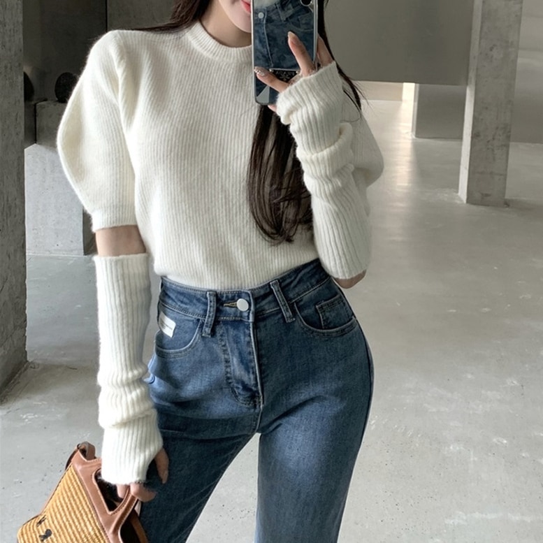 アームカバー付きシャツ レディース トップス シャツ 半袖 アームカバー リブ袖 パフスリーブ ボリュームスリーブ クルーネック 無地 スリム フェミニン 白 黒 ホワイト ブラック 大人可愛い 4,817円