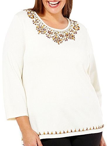 Alfred Dunner Womens Beaded Yoke Sweater (2X, Ivory) Alfred Dunner Womens Beaded Yoke Sweater (2X, Ivory)