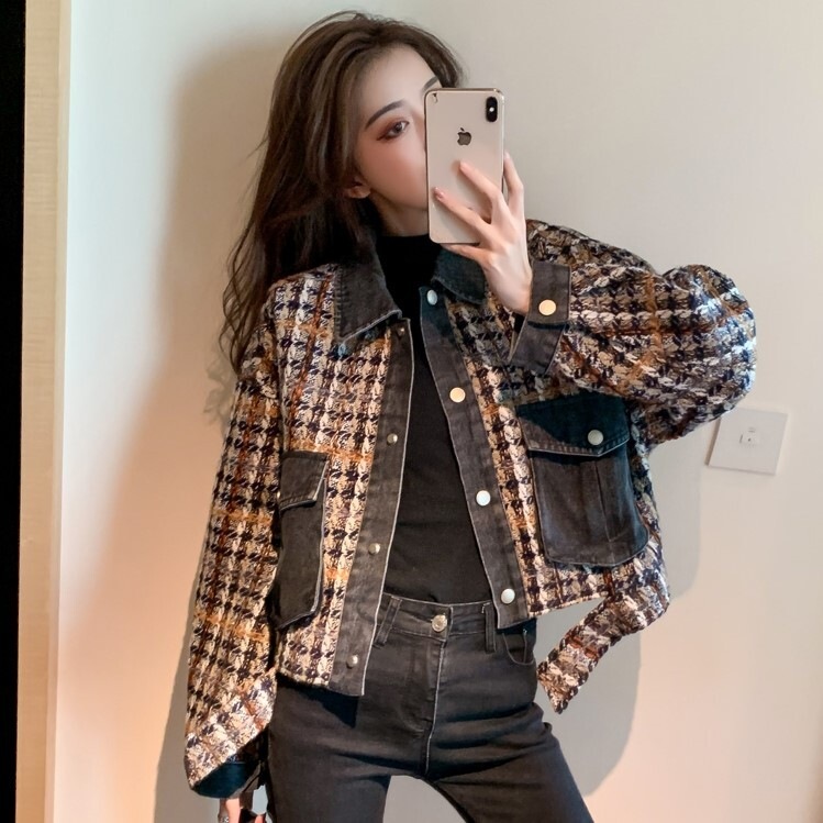 チェック柄ジャケット ブラック トップス ジャケット スリム 細身 ストレート スマート かわいい