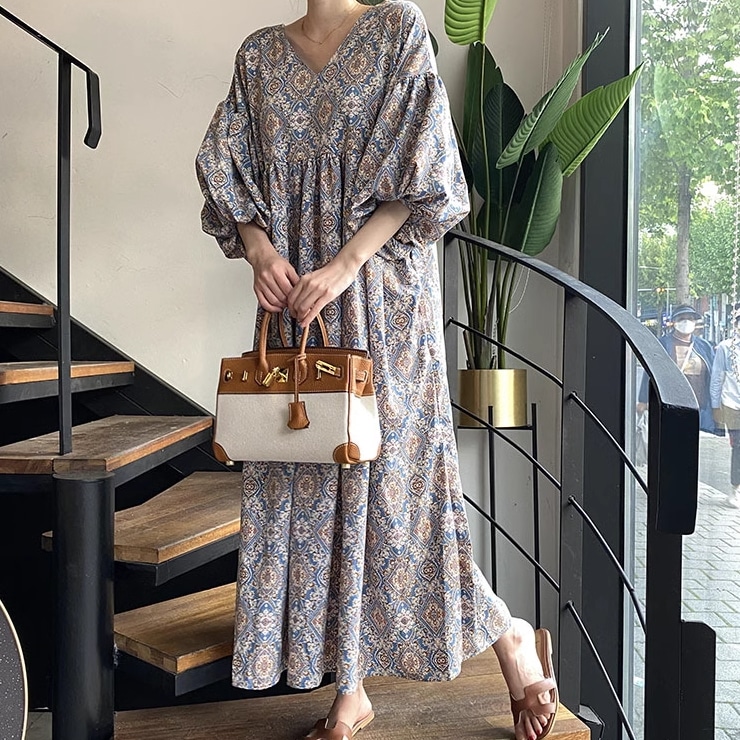 レディース スカート ワンピース ドレス ロングスカート ロング パフスリーブ Vネック ワイド オーバーサイズ かわいい 大人可愛い きれいめ シンプル カジュアル 上品 おしゃれ レトロ