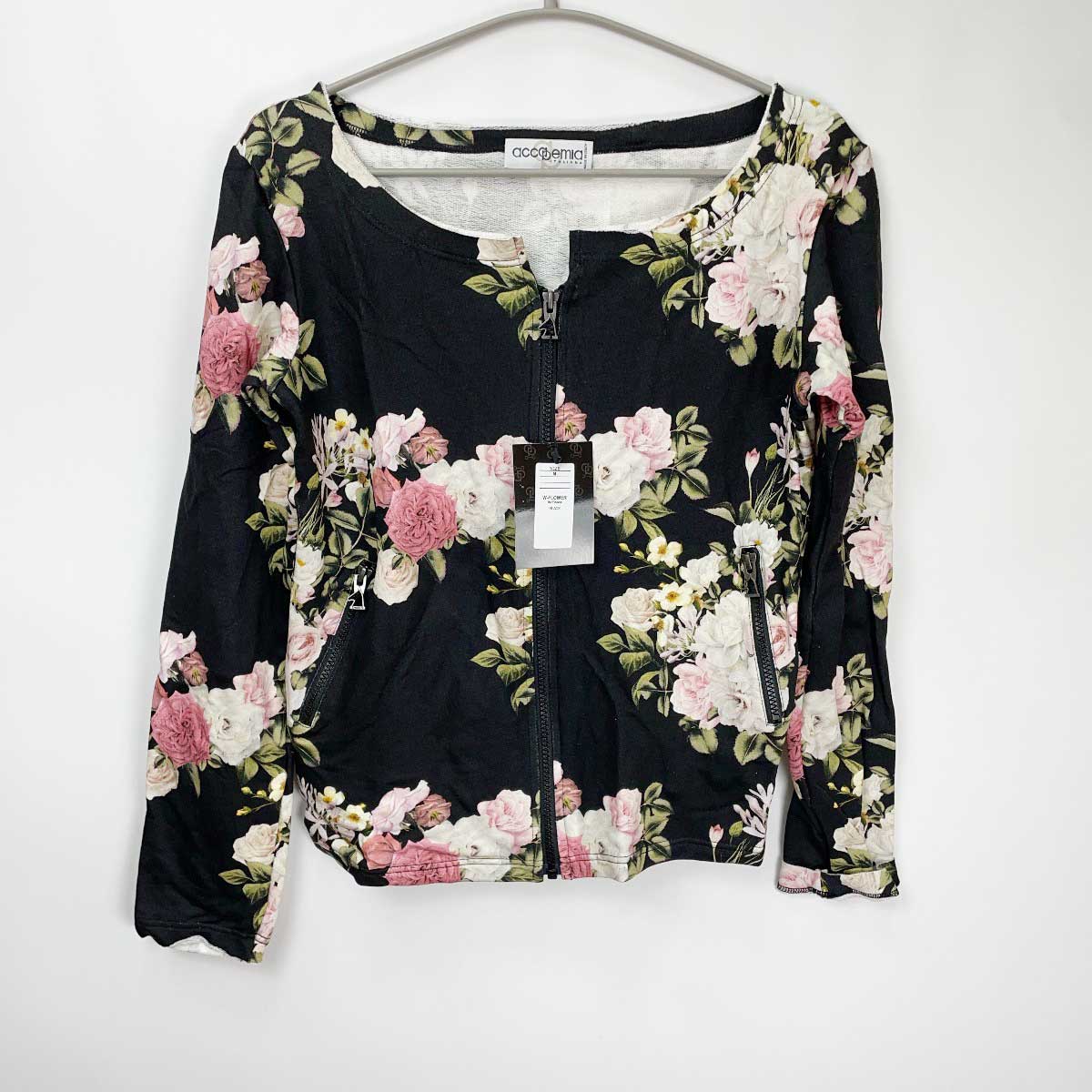 【中古・未使用品】アカデミアイタリアーナ Accademia Italiana W-FLOWER 軽量 スウェットシャツ ジップアップ 長袖 ライディング ジャケット M ブラック レディース 乗馬