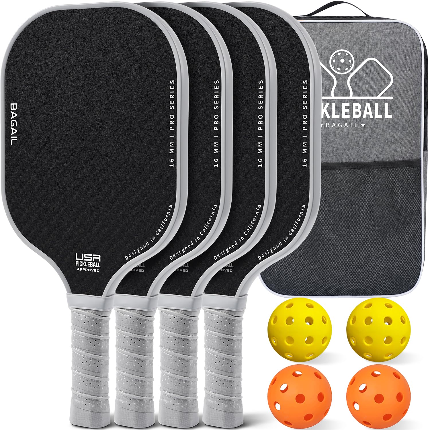 BAGAIL ピックルボールパドル ピックルボール ラケット USAPA承認 ハニカム 滑り止め吸汗グリップ ピックルボールキャリーバッグ付き 初心者やプロへのピックルボールギフト 4個 グレー 7,245円