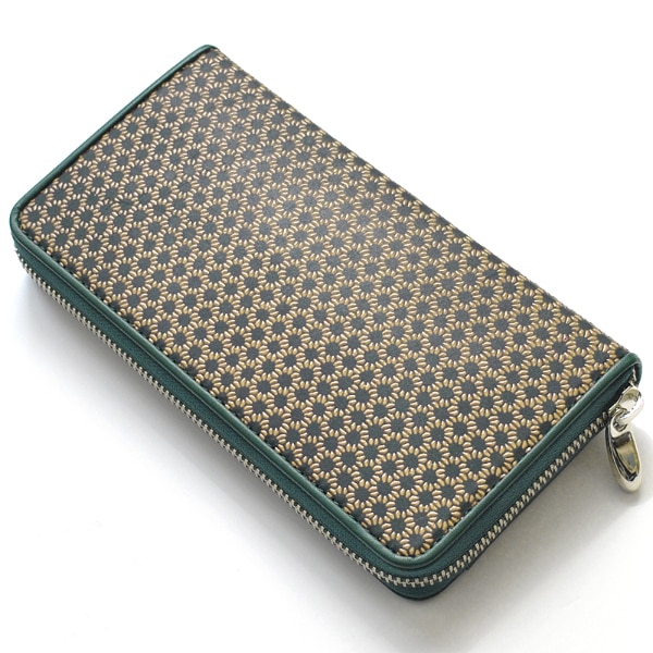【新規OPEN】【期間限定セール】【激安】【新品未使用】 鹿革漆付け　牛革　麻の葉模様柄　印伝　日本製　ラウンドロングウォレット　IDA-103　緑白茶