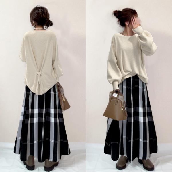 【再入荷予定】ファッション ランタンスリーブ ニットセーター+チェック柄 混色 ロング スカート ２点セット レディース 秋冬 5,133円