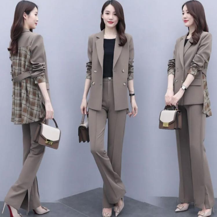長袖パンツスーツテーラードジャケット+スラックス上下セット通勤切り替えチェック柄セミフレアパンツ裾スリット細身スリムブラックママスーツ卒業式ブラウンレディース