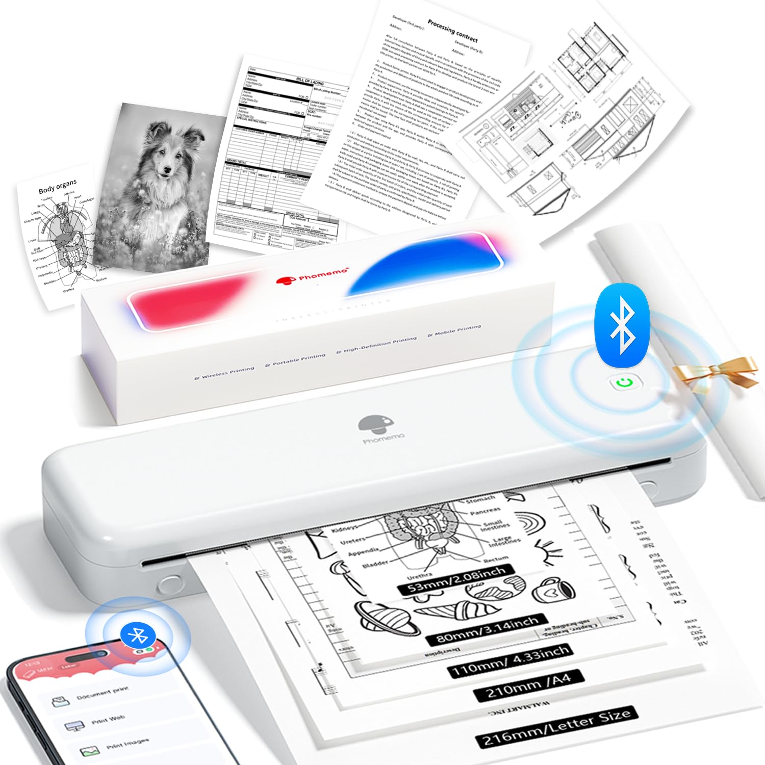 Phomemo M834 モバイルプリンター ポータブルプリンター サーマルプリンター 業務用プリンター ワイヤレス Bluetooth接続 A4サイズ スマホ対応 PC対応 ビジネス/家庭/学校/旅