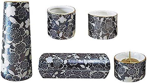 陶器製 モダン仏具5点セット『ゆい花』 (横置き筒型香炉) ブラックパール (j1272-1-2)