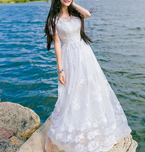 【取寄：納期2週間】リゾートワンピース レディース レース 白ワンピース ハイウエスト ロングワンピース 白ワンピ 夏 リゾート 半袖 大きいサイズ マキシ丈 リゾートウェディング リゾートワンピース