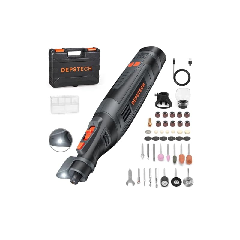 DEPSTECH ミニルーター 8Vリューター 2500mAh充電式 コードレス 30000RPM高速回転 5段変速 46種類アクセサリー LEDライト搭載 電動ハンドルーター DIY創作用切断/カッ