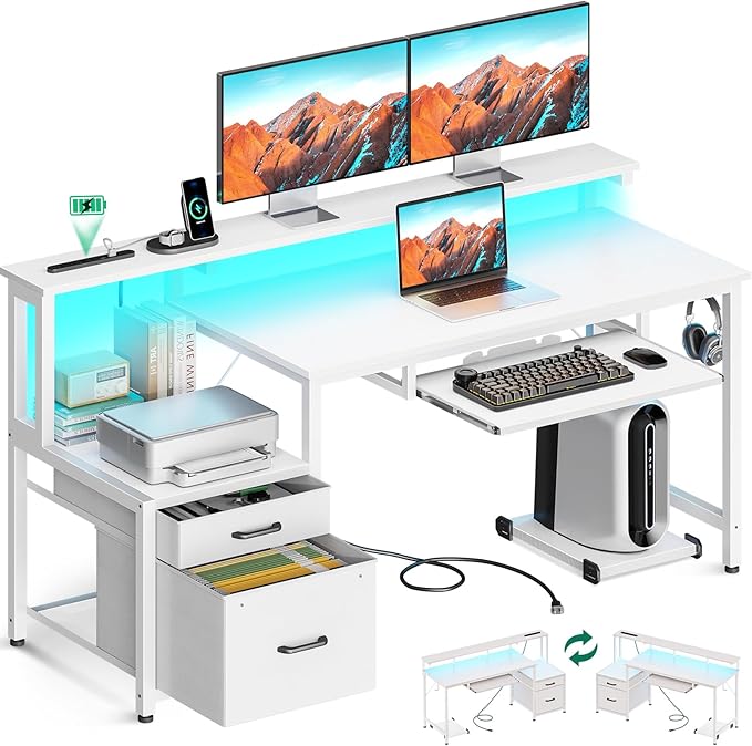 パソコンデスク ゲーミングデスク 引き出し&キーボードスライダー付き 幅140cm 机 pcデスク computer desk 桌子 コンセント&LED付き ゲームデスク 長机 CPUスタンド付き 在