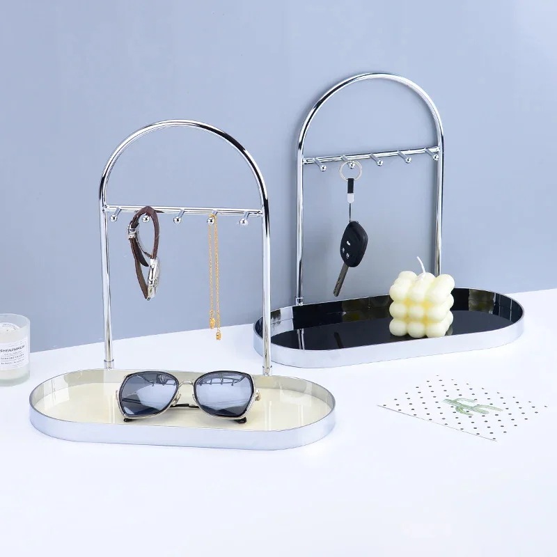 【急速出荷!】アクセサリー スタンド アーチフレーム トレイ フック付き キースタンド シンプル 小物トレイ ホワイト ブラック 収納 インテリア 韓国