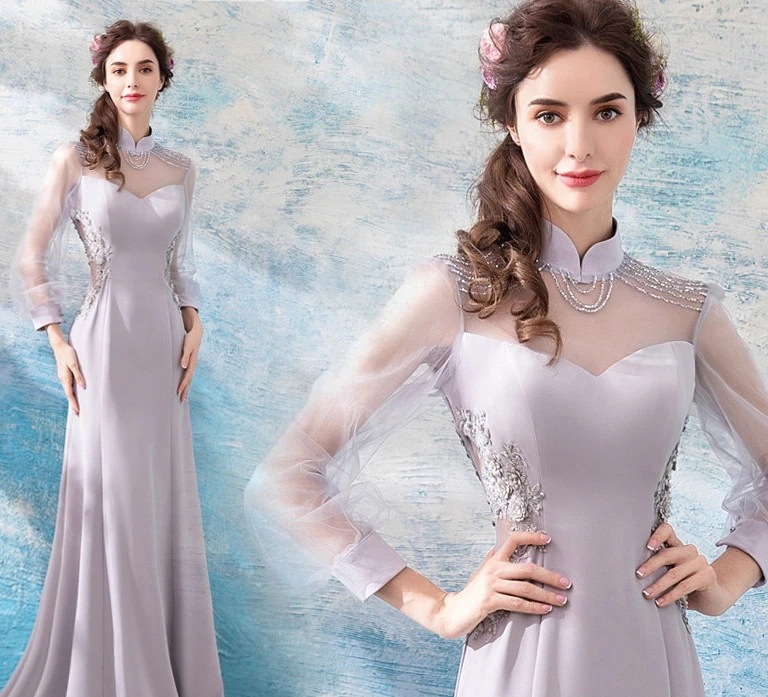 韓国ファッション 二次会 結婚式 パーティードレス グレーのフレンチ長袖ウエディングドレス ウエディングドレス シンプルワンワードショルダー花嫁ウエディングドレス演奏会