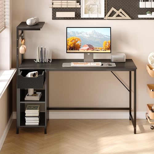 ゲーミングデスク 引き出し付き 幅123cm LEDライト 収納付き ブラック 炭素繊維 在宅勤務