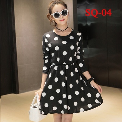 1029.お出かけやデートにも 韓国風長袖ワンピース（ドット柄）