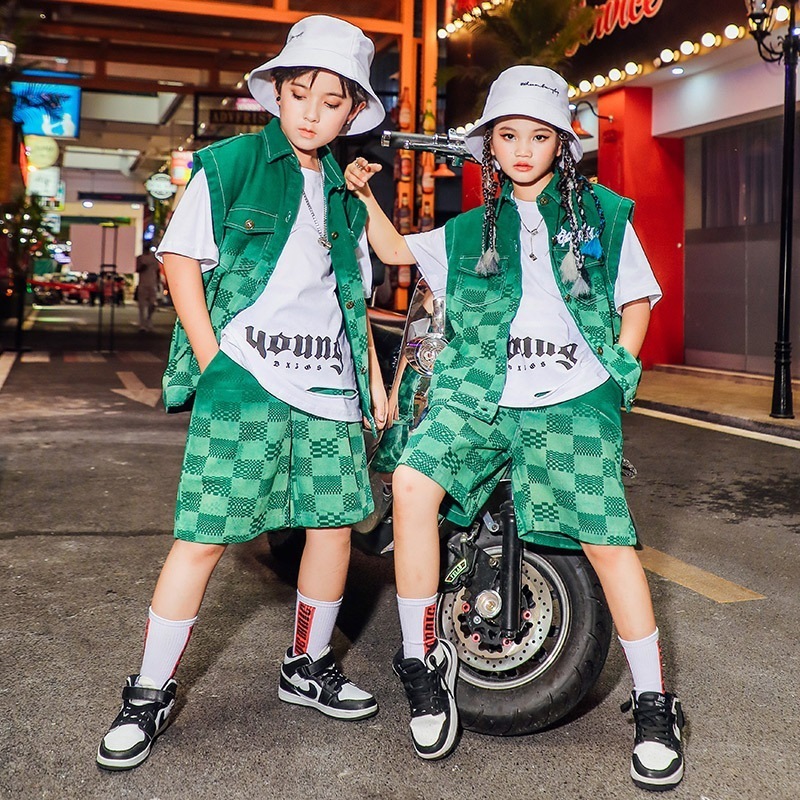 【送料無料】ヒップホップ子供用トレンド服デニムスーツヒップホップサマーボーイズヒップホップ子供服大道芸服ジャズダンス