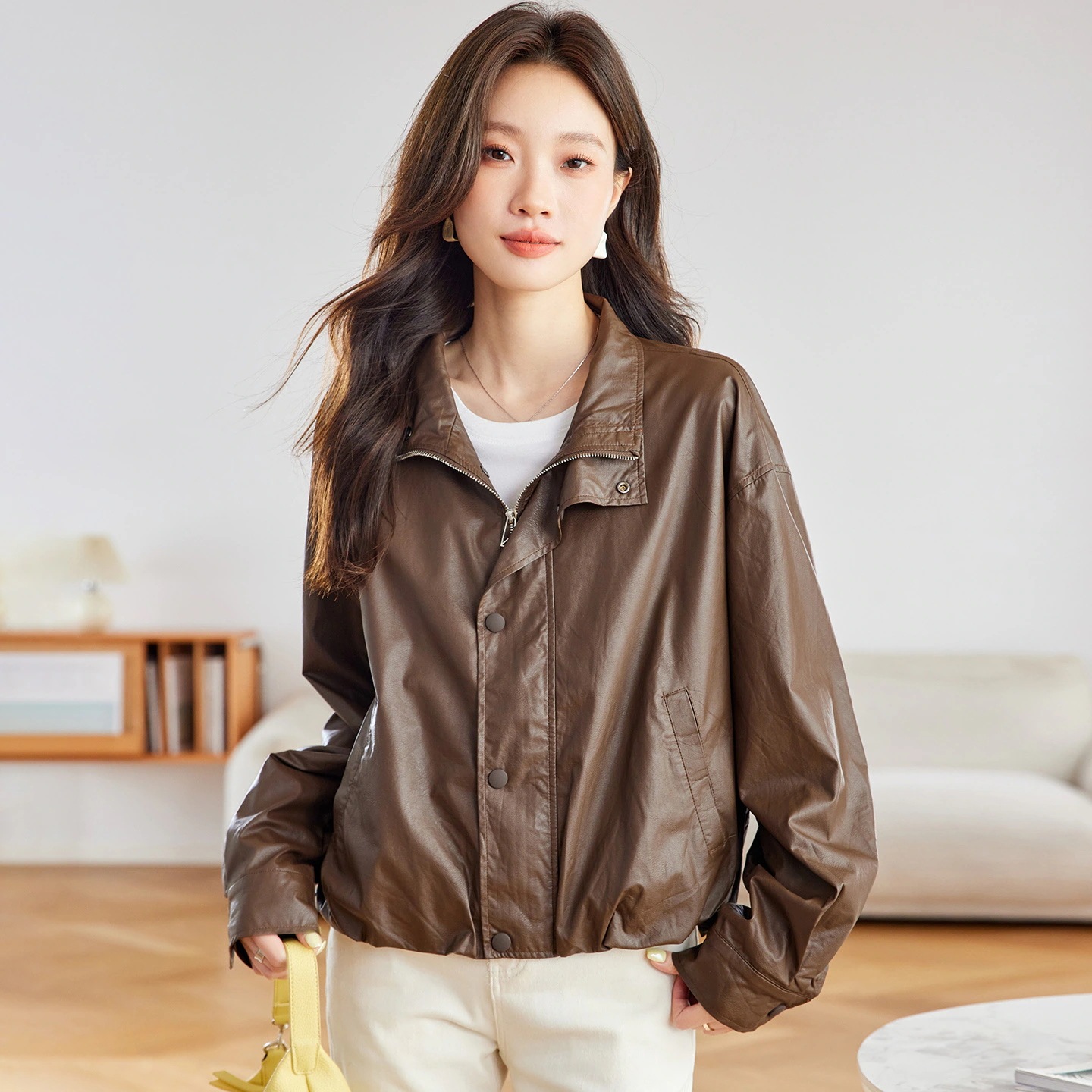 オリジナルレトロ本革スタンドカラージャケット 2025年秋冬新作 ショート丈ストレッチHラインジャケット アウター秋服